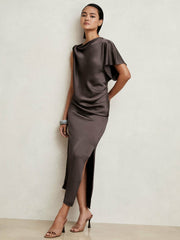 Women Satin Asymmetric Draped Midi Dress in Mauve
