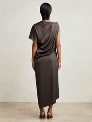 Women Satin Asymmetric Draped Midi Dress in Mauve