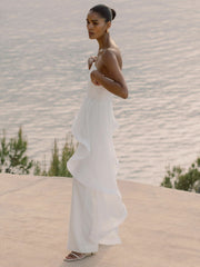 Women Silk Ruffle Bandeau Wide-Leg Jumpsuit in Ivory