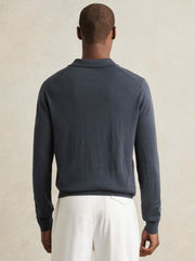 Men Merino Wool Open-Collar Polo Shirt in Midnight Navy