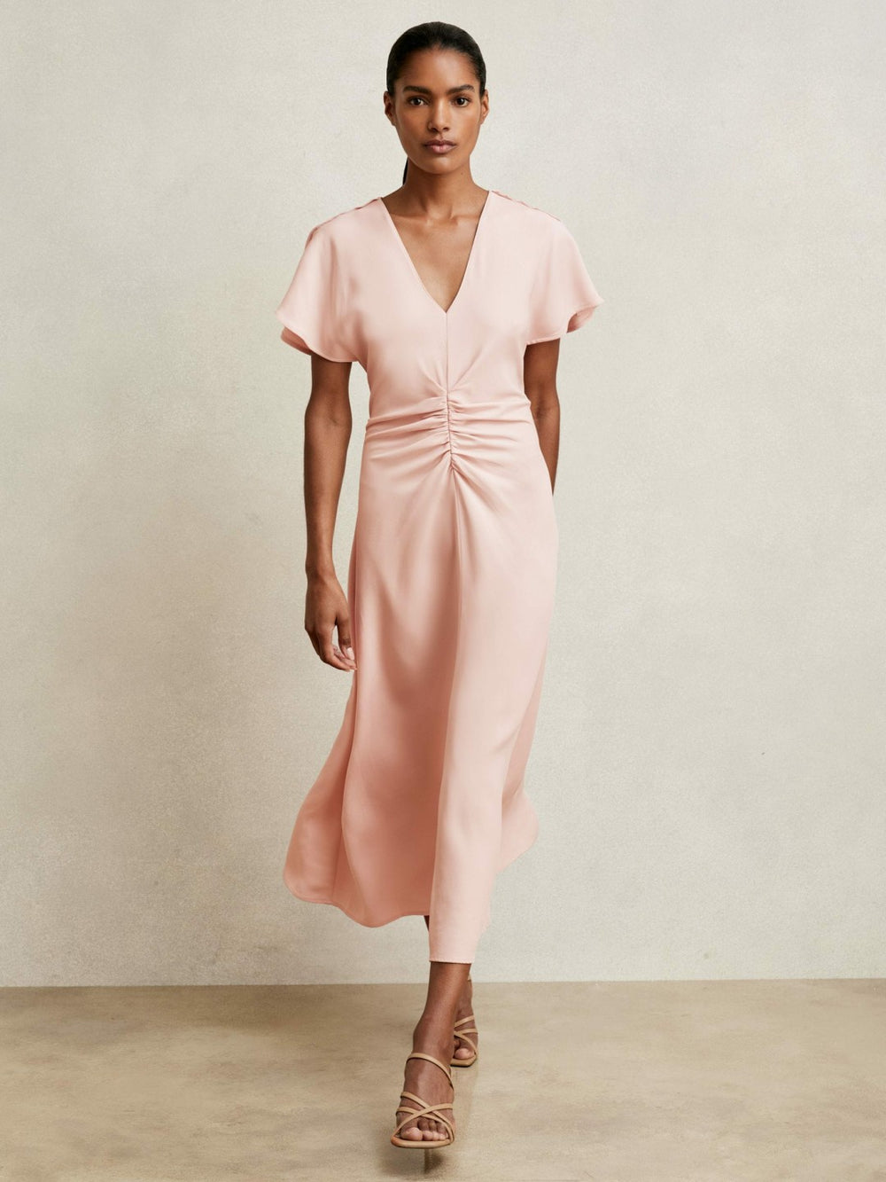 Women Ruched-Front Midi Dress in Pale Pink