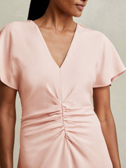Women Ruched-Front Midi Dress in Pale Pink