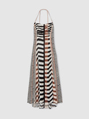 Women Chevron-Stripe Ruched Midi Dress in Black/Brown
