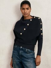 Women Rib-Knit Button Shawl Jumper in Navy