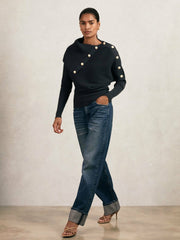 Women Rib-Knit Button Shawl Jumper in Navy