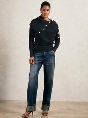 Women Rib-Knit Button Shawl Jumper in Navy