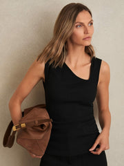 Women Stretch-Cotton Ribbed Asymmetric Vest in Black
