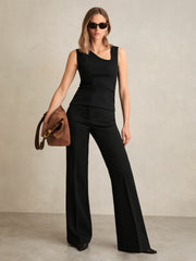 Women Stretch-Cotton Ribbed Asymmetric Vest in Black