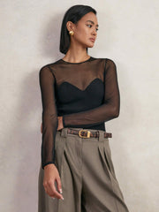 Women Mesh Knit Sweetheart Long-Sleeve Top in Black