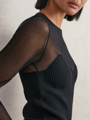 Women Mesh Knit Sweetheart Long-Sleeve Top in Black