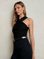 Women Cross Neck Textured Top in Black