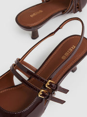 Women Leather Slingback Buckle Court Shoes in Oxblood