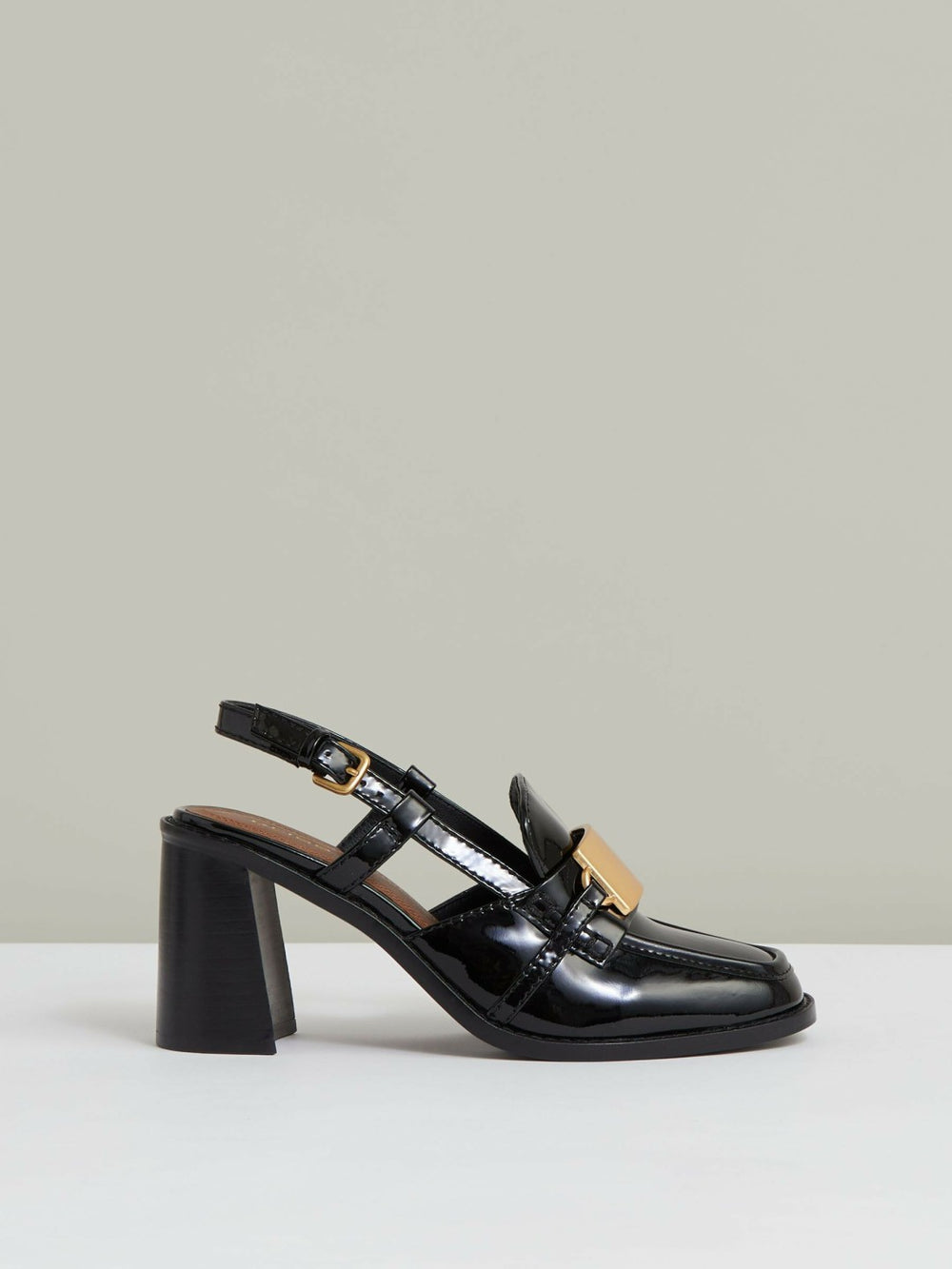 Women Patent Leather Slingback Heeled Loafers in Black
