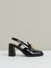 Women Patent Leather Slingback Heeled Loafers in Black
