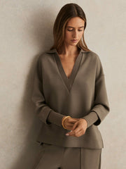 Women Interlock Open-Collar Sweatshirt in Khaki Green