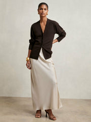 Women Wool-Blend Fitted Cardigan With Cashmere in Chocolate