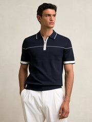 Men Half Zip Tipped Polo Shirt in Navy/White