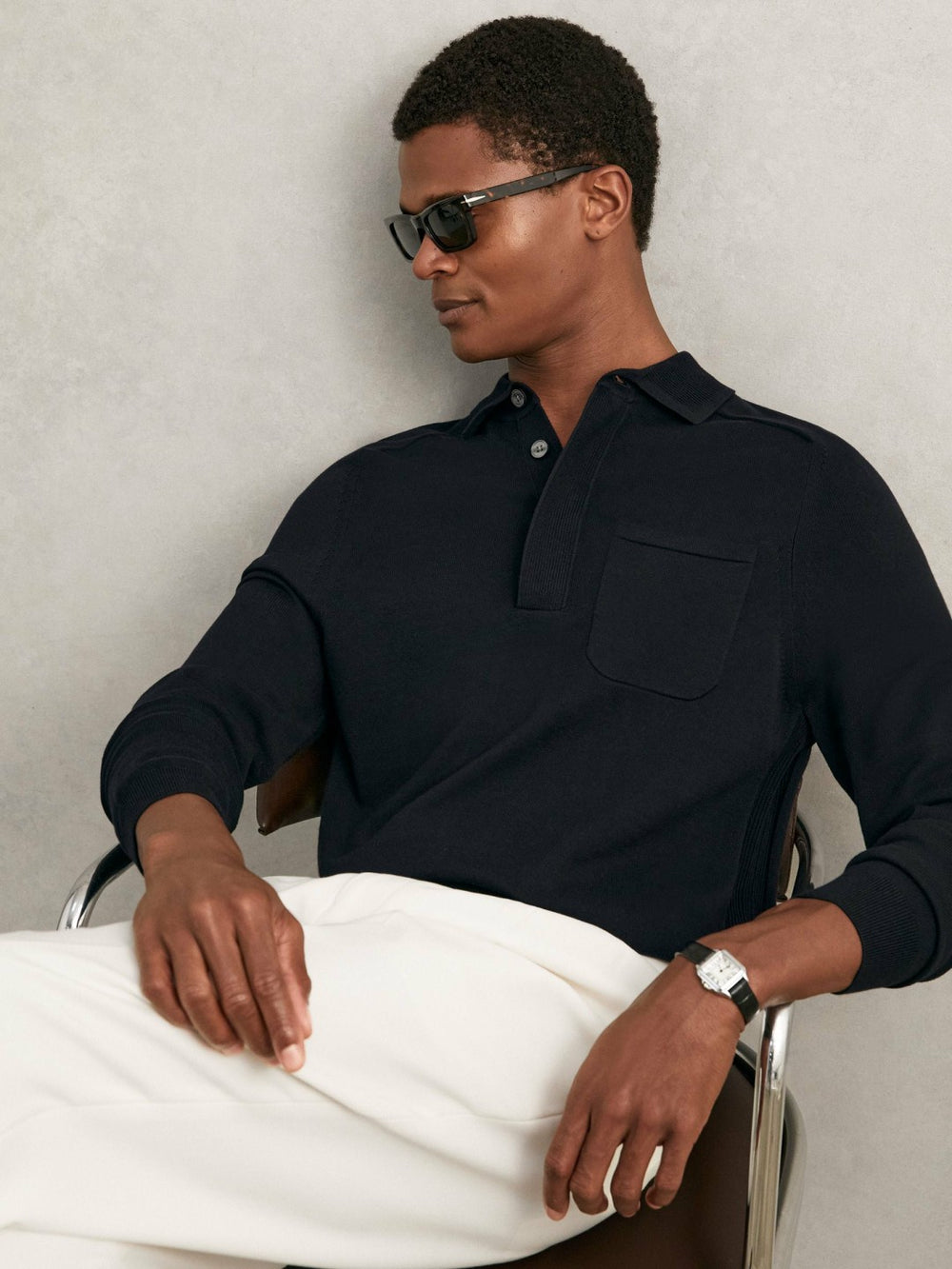 Men Cotton Concealed Placket Polo Shirt in Navy