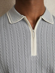 Men Micro-Cable Half-Zip Polo Shirt in Soft Blue