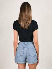Women Good American Denim Shorts With Linen in Indigo Blue
