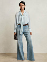 Women Silk Blend Chiffon Tie-Neck Blouse in Pale Blue