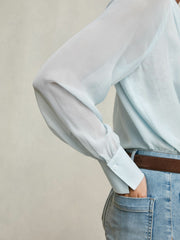 Women Silk Blend Chiffon Tie-Neck Blouse in Pale Blue