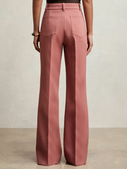 Women Petite Twill Patch-Pocket Flared Trousers in Pink