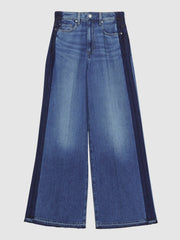 Women Paige Side Stripe Wide Leg Jeans in Navy/Blue Stripe