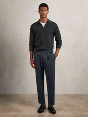 Men Wool Waffle-Knit Half-Zip Polo Shirt in Charcoal Grey