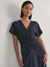 Women Petite Ruched-Front Midi Dress in Navy