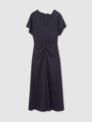 Women Petite Ruched-Front Midi Dress in Navy