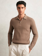 Men Wool Waffle-Knit Half-Zip Polo Shirt in Camel Brown