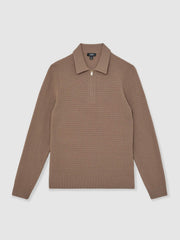 Men Wool Waffle-Knit Half-Zip Polo Shirt in Camel Brown