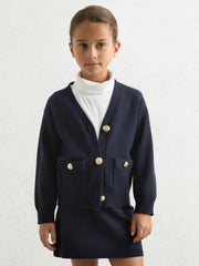 Children & Baby 3-9 yrs Knitted Embossed-Button Cardigan in Navy