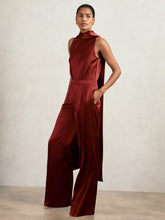 Women Satin Cape-Sash Jumpsuit in Dark Red