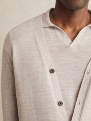 Men Merino Wool Button-Through Cardigan in Wicker Brown Melange