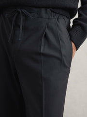 Men Relaxed-Fit Twill Drawstring Trousers in Navy