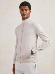 Men Merino Wool Zip Through Cardigan in Wicker Brown Melange