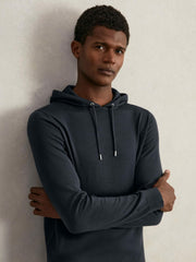 Men Merino Wool Drawstring Hoodie in Midnight Navy