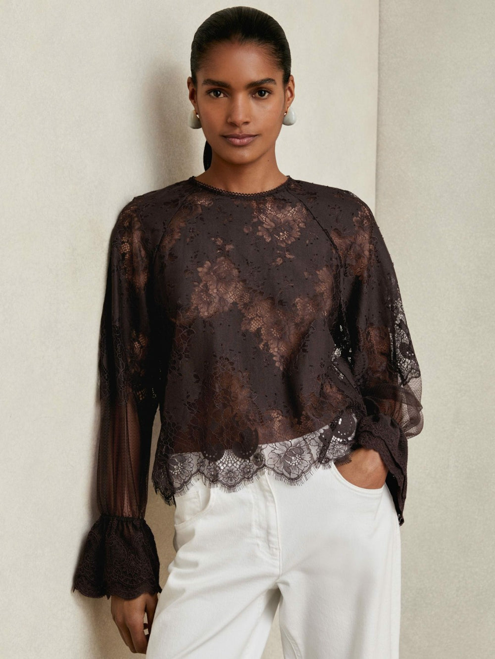Women Lace Flared Cuff Blouse in Chocolate Brown