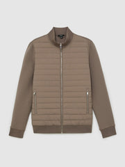 Men Hybrid Quilt and Knit Zip-Through Jacket in Taupe Brown