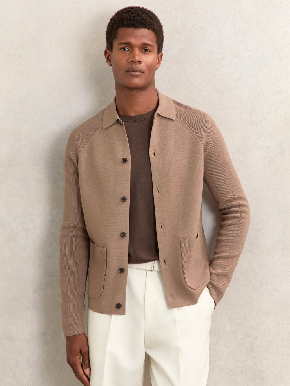 Men Button-Through Ribbed-Sleeve Shirt in Camel Brown