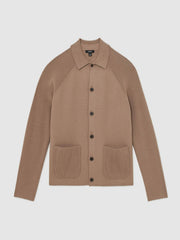 Men Button-Through Ribbed-Sleeve Shirt in Camel Brown
