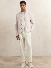 Men Button-Through Ribbed-Sleeve Shirt in Oatmeal Brown