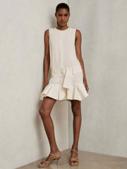 Women Ruffle Hem Belted Mini Dress in Ivory