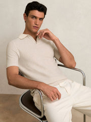 Men Cotton-Blend Stripe Polo Shirt in Ecru/Taupe Brown