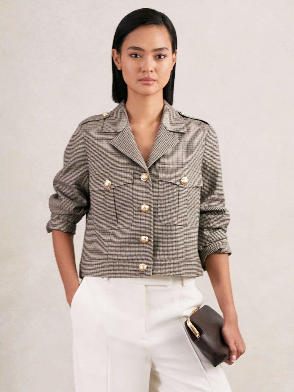 Women Wool Twin-Pocket Cropped Jacket in Neutral Check