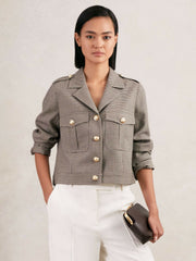 Women Wool Twin-Pocket Cropped Jacket in Neutral Check