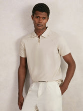 Men Textured Raglan Half-Zip Polo Shirt in Stone