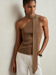 Women One Shoulder Scarf Top in Taupe Neutral